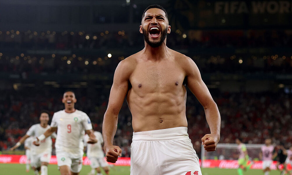 Ismael Saibari of Morocco celebrates scoring the winning penalty during the penalty shootout in the FIFA World Cup 2026 Round of 32 match between Netherlands and Morocco. 