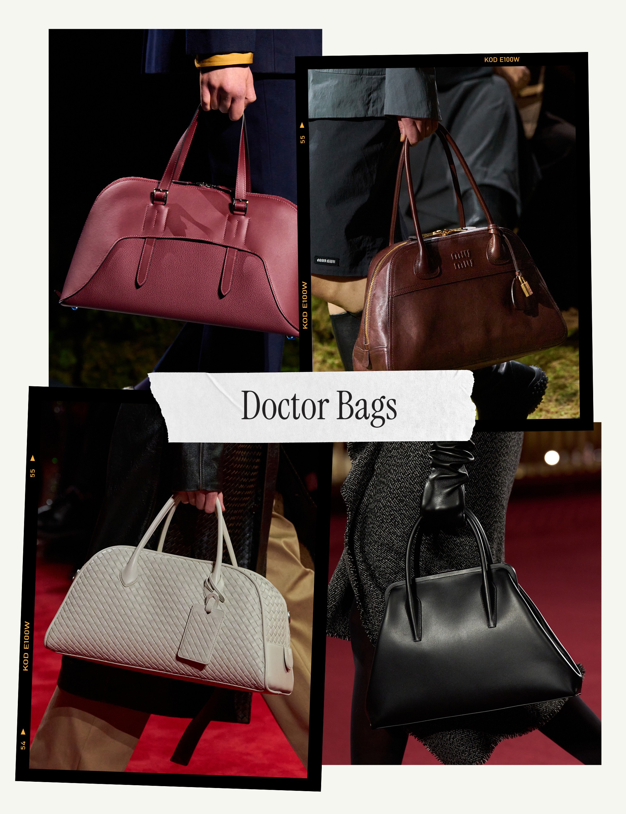 a collage of detail runway images featuring the handbag trends of fall/winter 2026