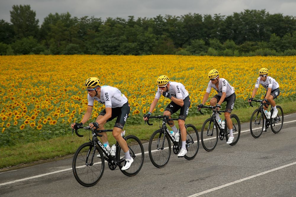 Team Sky riders drive the peloton during stage 12 at the Tour de France