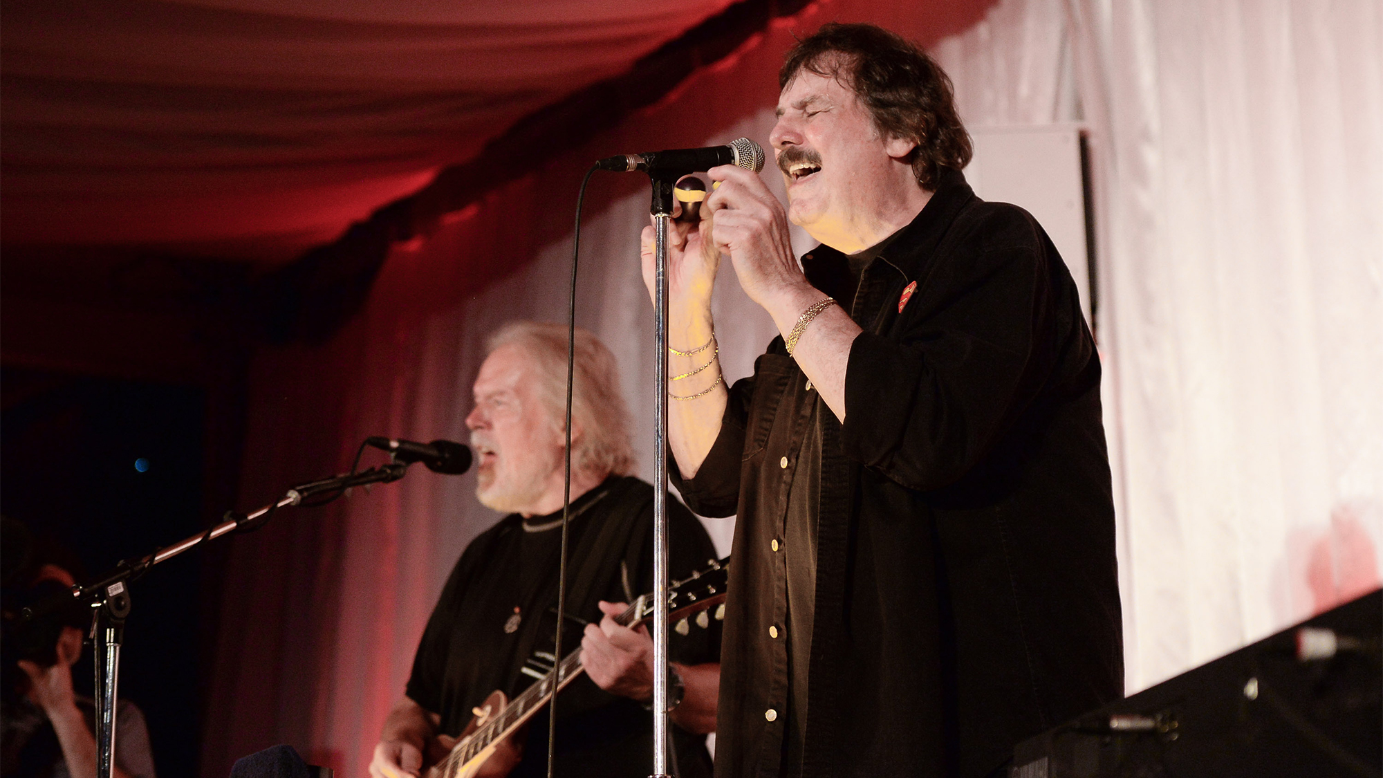 Randy Bachman, 2012 inductee, and Burton Cummings, 2011 inductee perform at the Canada's Walk Of Fame Fundraising Event Music Under The City Stars held at Casa Loma on July 18, 2019 in Toronto, Canada.