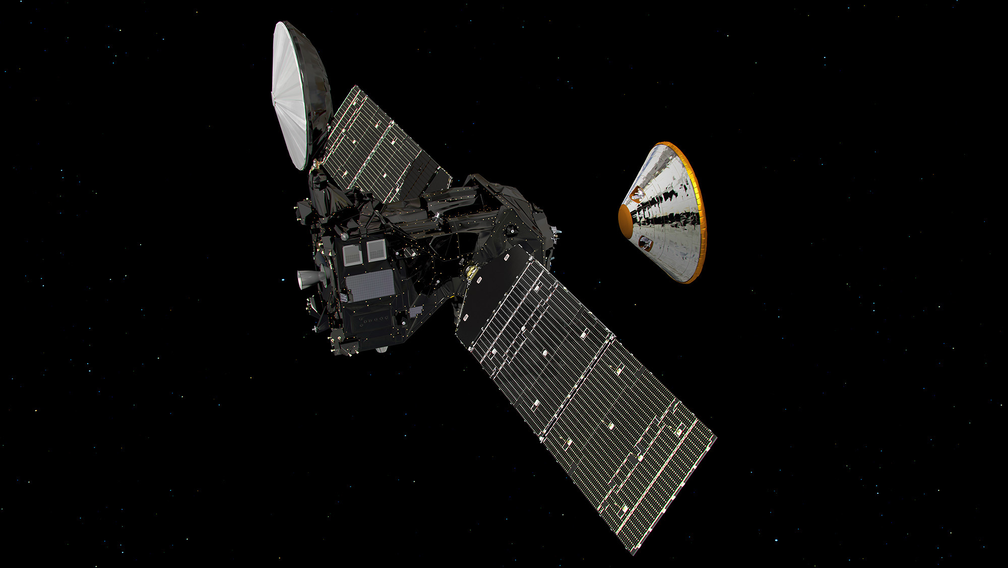 An artist&#039;s illustration of the ExoMars 2016 Schiaparelli lander (right) separating from its Trace Gas Orbiter mothership on Oct. 16, 2016 ahead of a planned Oct. 19 landing. ExoMars 2016 is a joint mission by the European Space Agency and Russia&#039;s Roscos