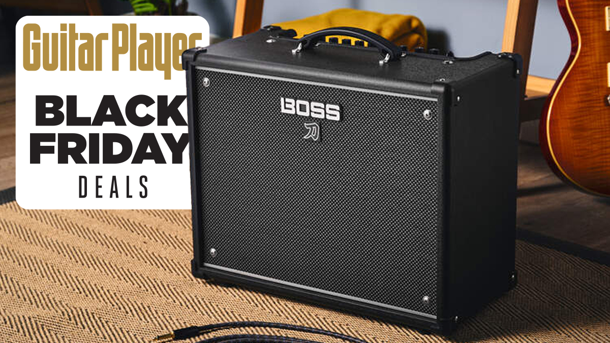 Boss Katana in a room with a guitar and cable