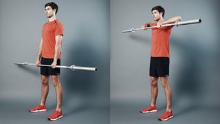 Man demonstrates two positions of the upright row using an empty Olympic barbell