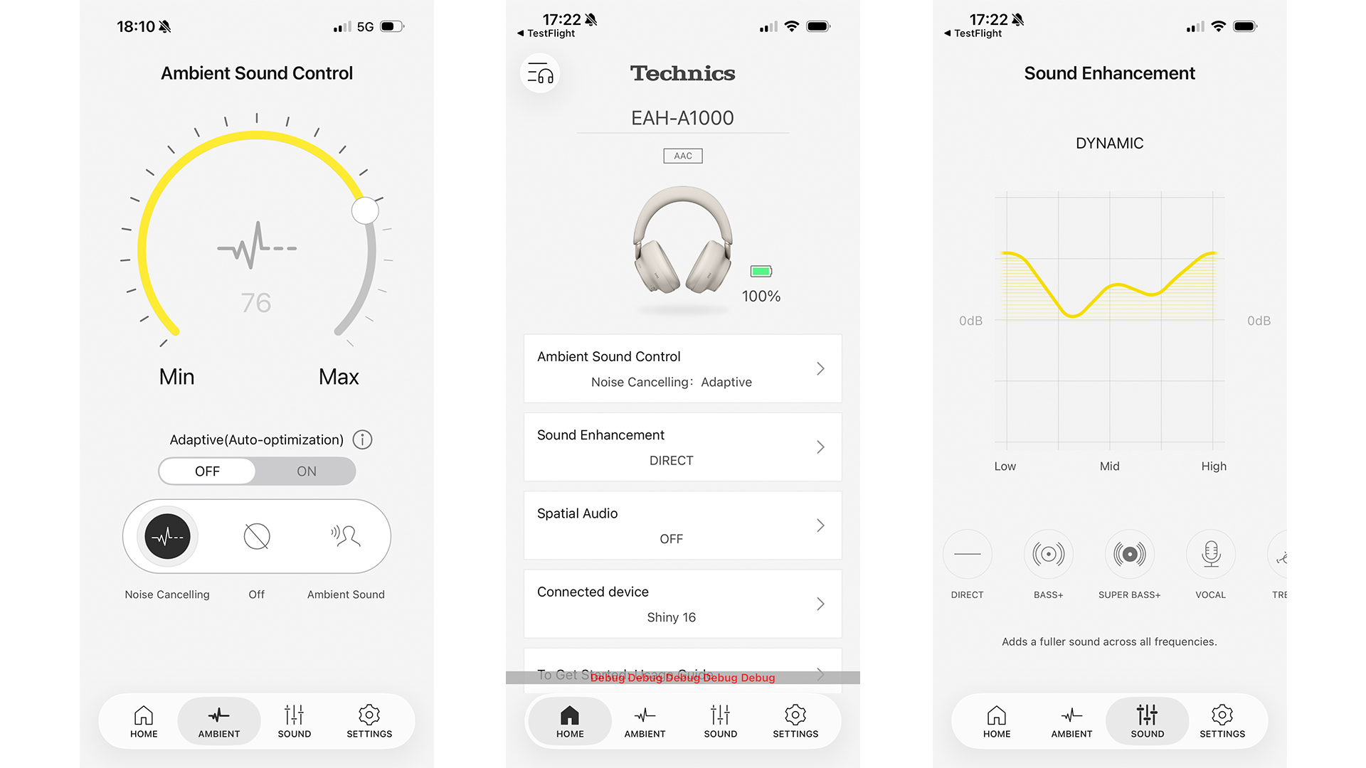 Technics EAH-A1000 wireless over-ear headphones app on three smartphone screens