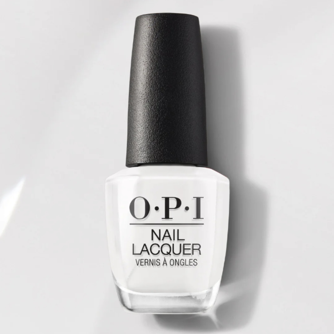 A product shot of OPI Alpine Snow nail polish (a crisp and opaque white colour), pictured on a white nail polish liquid background that demonstrates the colour inside the OPI polish