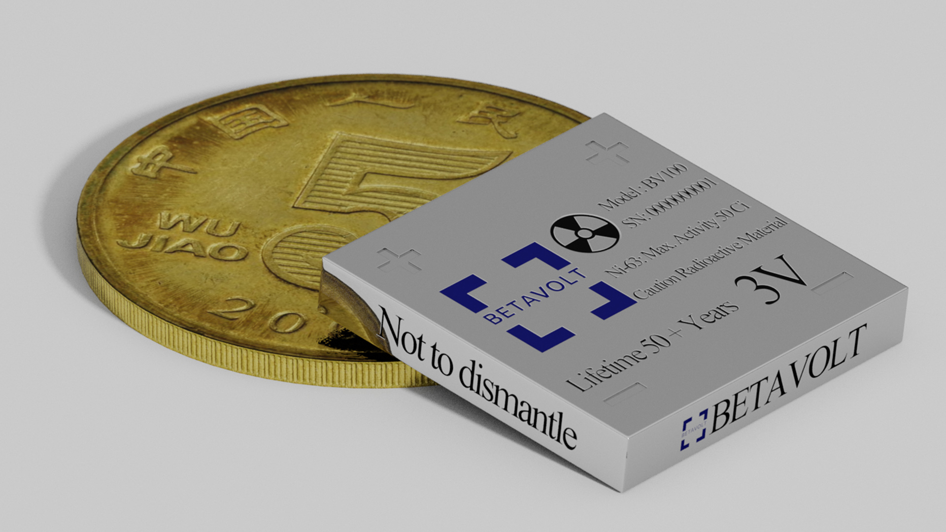 size of the nucleat BV100 Betavolt battery next to a coin