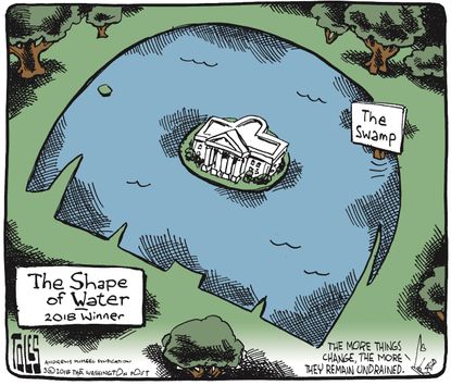 Political cartoon U.S. Oscars 2018 The Shape of Water White House drain the swamp GOP