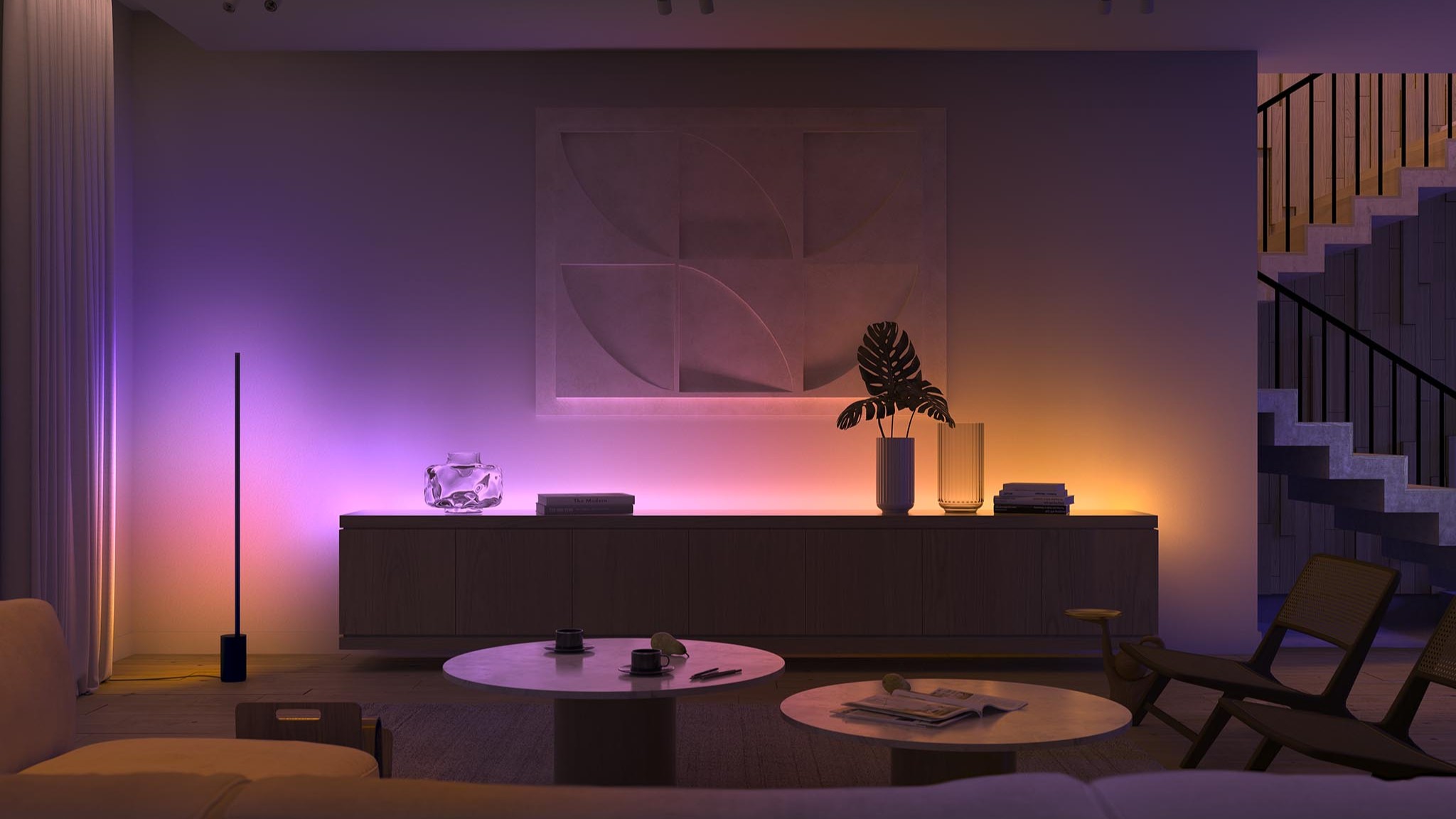 Room illuminated with Philips Hue lights in tropical colors