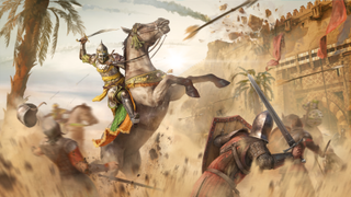 Chivalry 2 key art depicting one of the new Tenosian soldiers on a bucking horse.