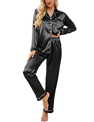 Ekouaer Classic Button Down Long Satin Silk Pajama Set