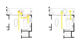 exterior of house with kitchen pass-through window and bench stools and bi-fold windows