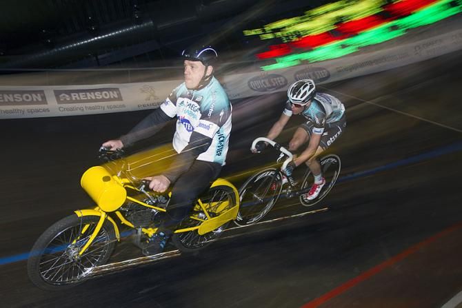 Six-Day champion Iljo Keisse spends some time behind the derny at a Gent velodrome as part of the Omega Pharma-Quick Step team presentation.