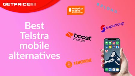 Pink background with red GetPrice logo in top left corner with white writing underneath that says Best Telstra mobile alternatives with an image of someone holding an iphone to the right surrounded by logos of telcos including Belong, Superloop and more