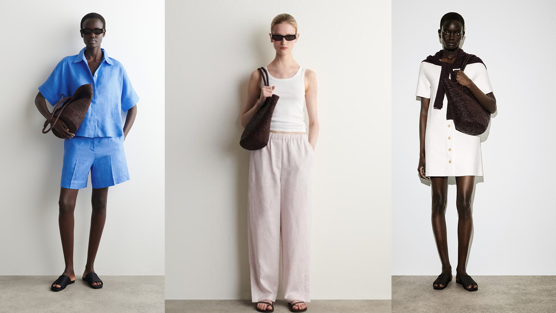 Models wear on sale COS items. One wears a white dress, the other wears linen pants and a tank, and the last one wears a blue linen short set. 