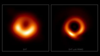 The first-ever image of a black hole (on the left) and its AI makeover on the right.