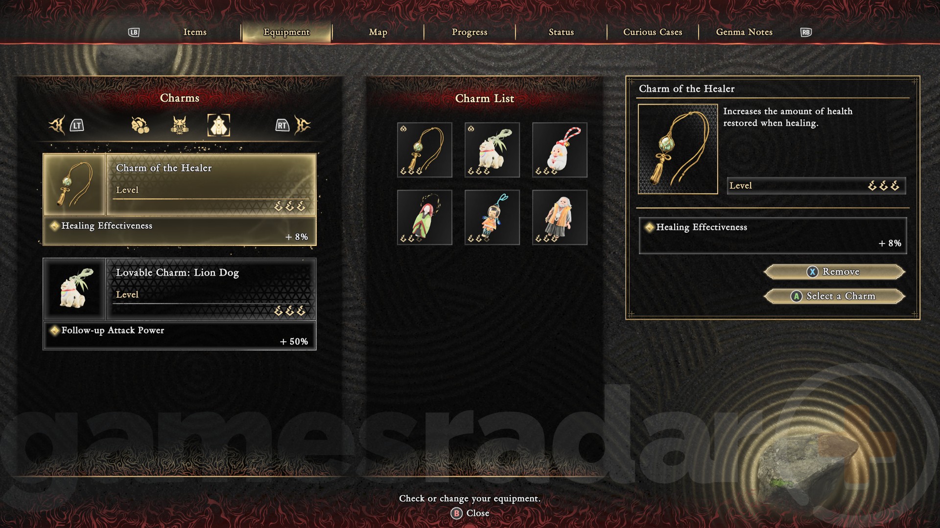 The menu screen from which you can equip Onimusha Way of the Sword Charms.