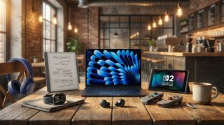 The MacBook Air M4, Apple Watch Ultra 2, Nintendo Switch 2, Kindle Scribe, Sony WF-1000XM5 and Bowers & Wilkins Px7 S3 all laid out on a rustic wooden table in a warmly lit coffee shop.