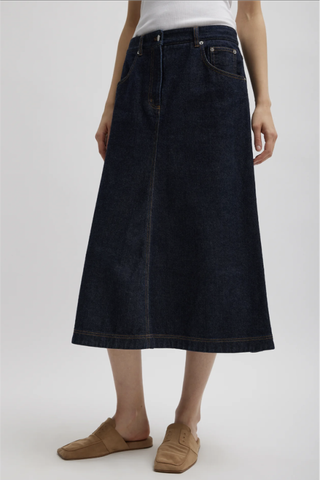 Indigo Denim Midi A-Line Skirt