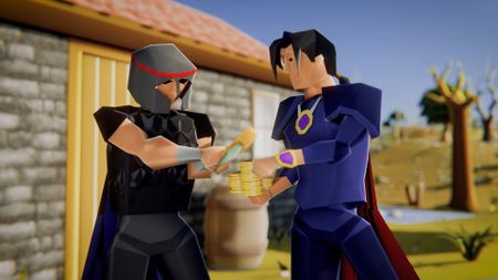 Old School RuneScape characters in black and blue armor exchanging coins