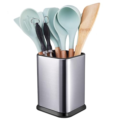 Redcall Stainless Steel Kitchen Utensil Holder for Countertop, Spoon Spatula Organizer,modern Rectangular Large Cooking Utensil Caddy Counter,utensil Crock Silver
