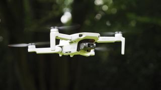 DJI Mini 4K beginner drone in flight with soft-focus foliage in the background