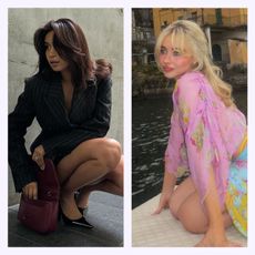 Two women, including Sabrina Carpenter, with curtain bang hairstyles.