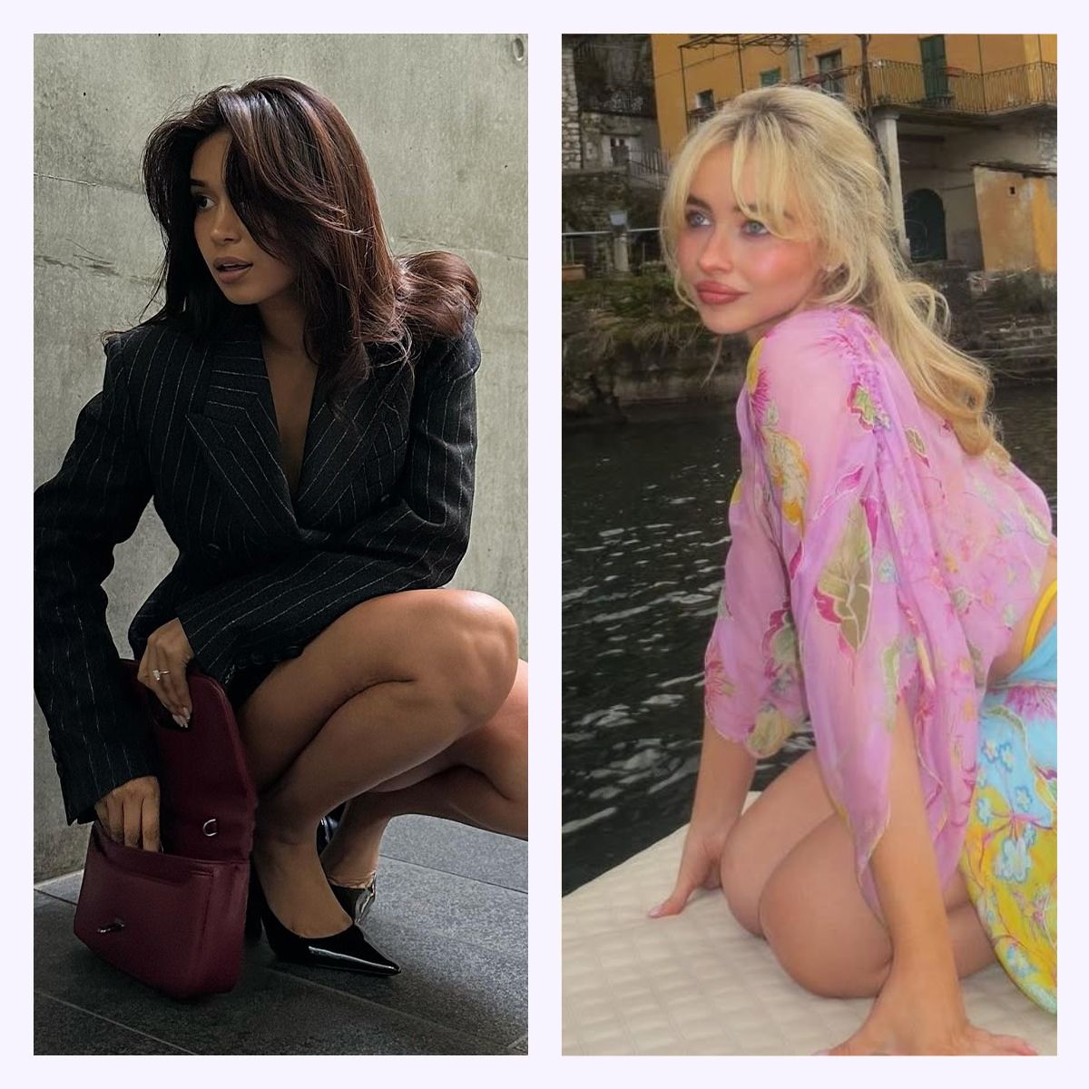 Two women, including Sabrina Carpenter, with curtain bang hairstyles.