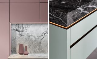 Two images showing 2 different kitchen palette: LEFT: is pink cupboards with a mable top and wall featuring 2 pink vases; RIGHT: is light green cupboard with dark black marble top and brass fill