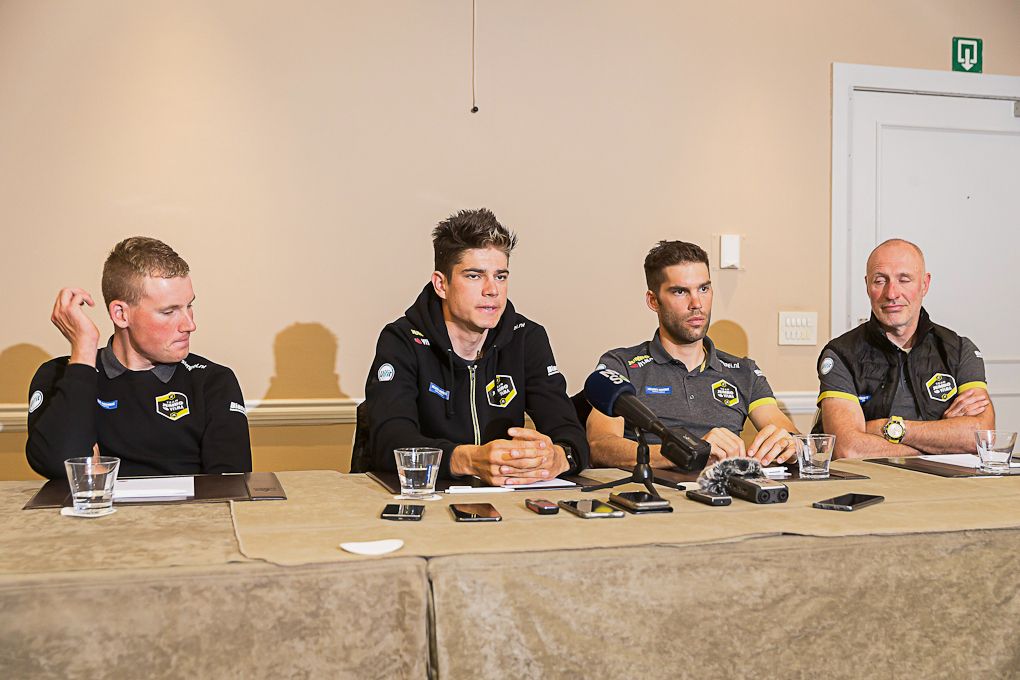 Team Jumbo-Visma riders Mike Teunissen, Wout Van Aert and Maarten Wynants at a press conference in Gent on April 5, 2019
