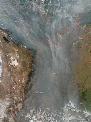 Over 140,000 active fires were detected on a single day (08/23/2010) in this NASA image that spans 2500 km across southern Latin America, including Brazil, Bolivia, Argentina, Peru, Chile and Paraguay.