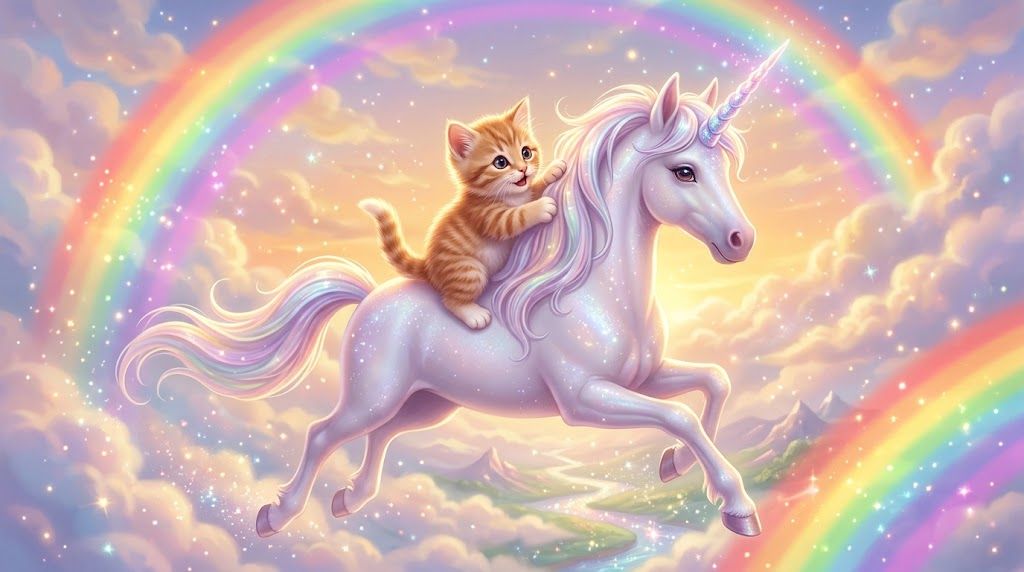 Kitten riding a unicorn