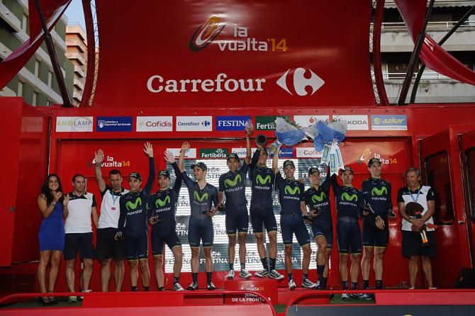 Movistar celebrate their victory in the team time trial