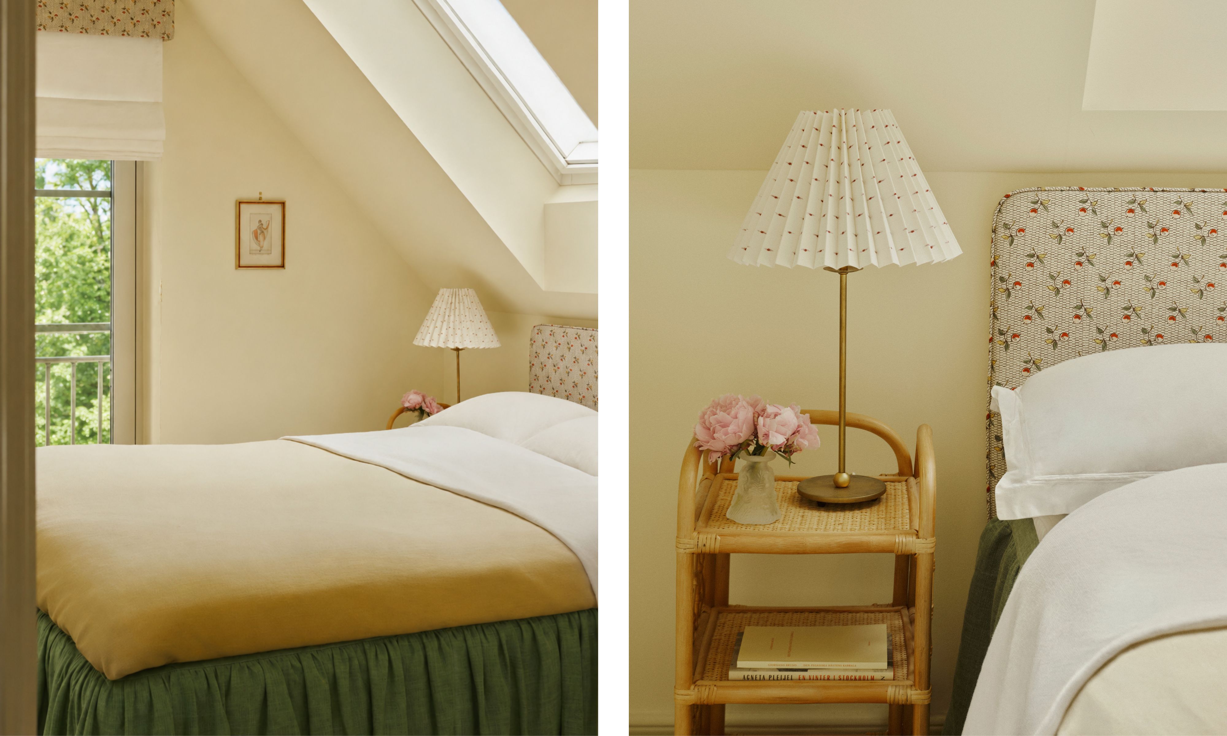 two side by side images of a soft butter yellow and green bedroom