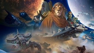 Key art for Twilight Imperium Digital, showing a series of faction leaders, spaceship fleets, and scifi infantry battling large robotic walkers.