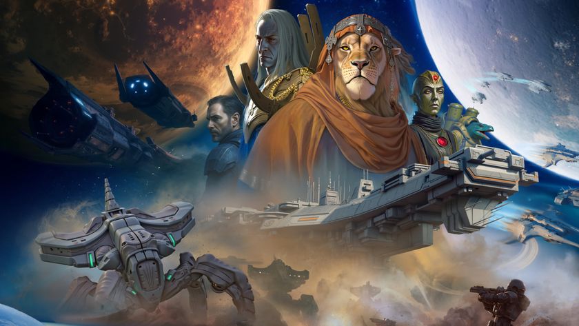 Key art for Twilight Imperium Digital, showing a series of faction leaders, spaceship fleets, and scifi infantry battling large robotic walkers.