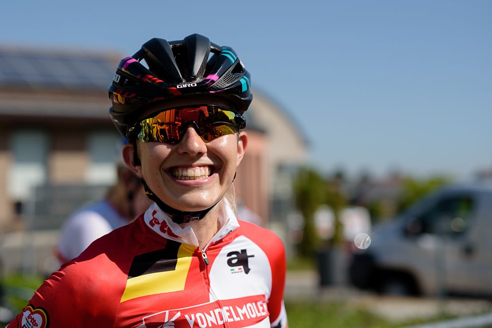 Alexis Ryan (CANYON//SRAM Racing) happy to be racing in the sprinters jersey on the 108 km Stage 2 of the Lotto Belgium Tour 2016