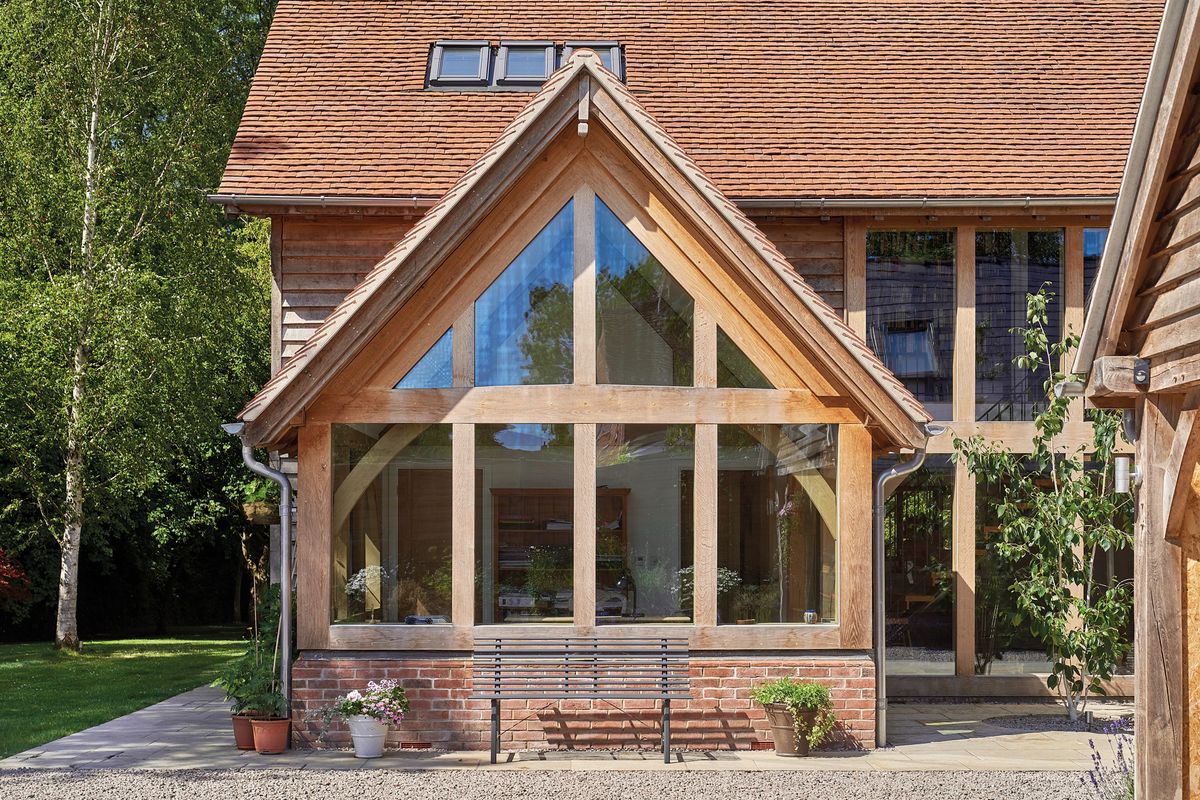 an oak frame gable with face glazing