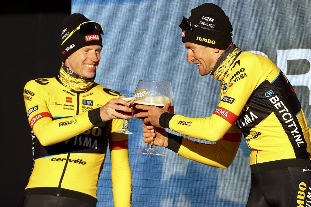 Nathan Van Hooydonck and Belgian Tiesj Benoot of Jumbo-Visma first and second place at Kuurne-Brussel-Kuurne