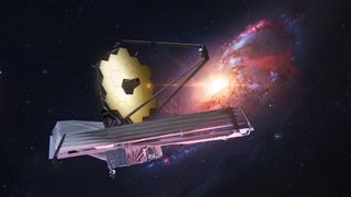 una nave espacial con un gran hexágono dorado encima en el espacio profundo