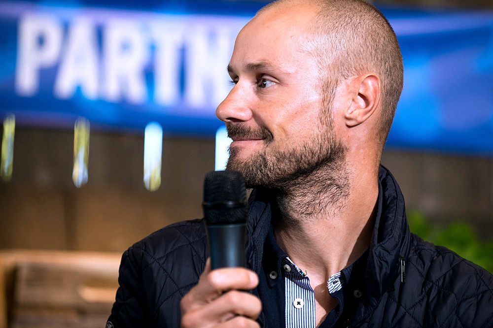 Tom Boonen speaks at a press conference that announced Lidl as the new sponsor of Etixx-QuickStep