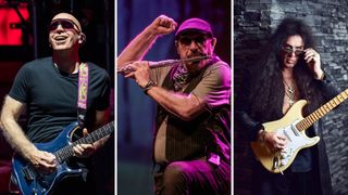 [L-R] Joe Satriani wears dark shades and smiles as he solos on his Ibanez JS signature model; Ian Anderson strikes a pose as he plays the flute; Yngwie Malmsteen pulls his aviators down to give the camera some eye-contact in this portrait from 2019.