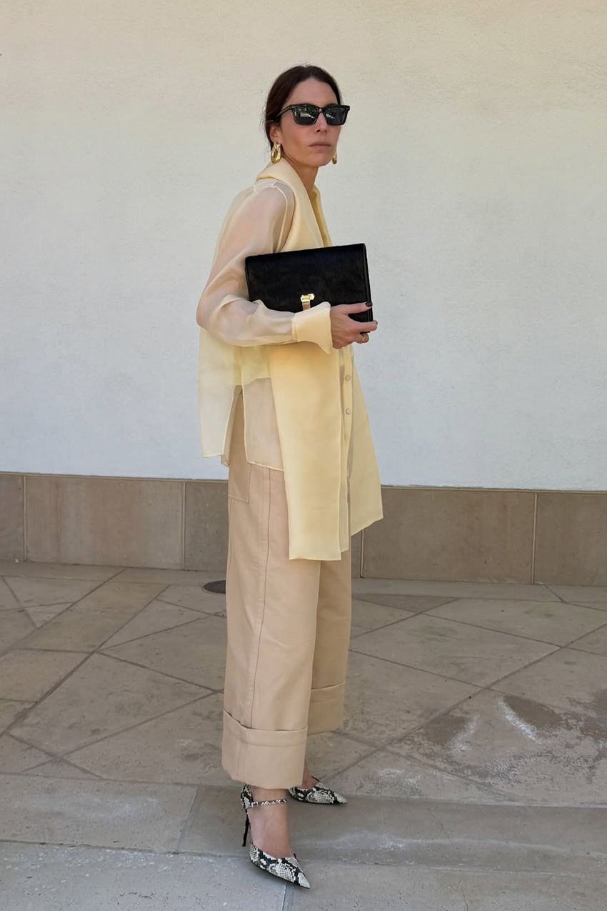 a woman wearing a sheer top with beige culotte pants, and snake skin pointed toe shoes