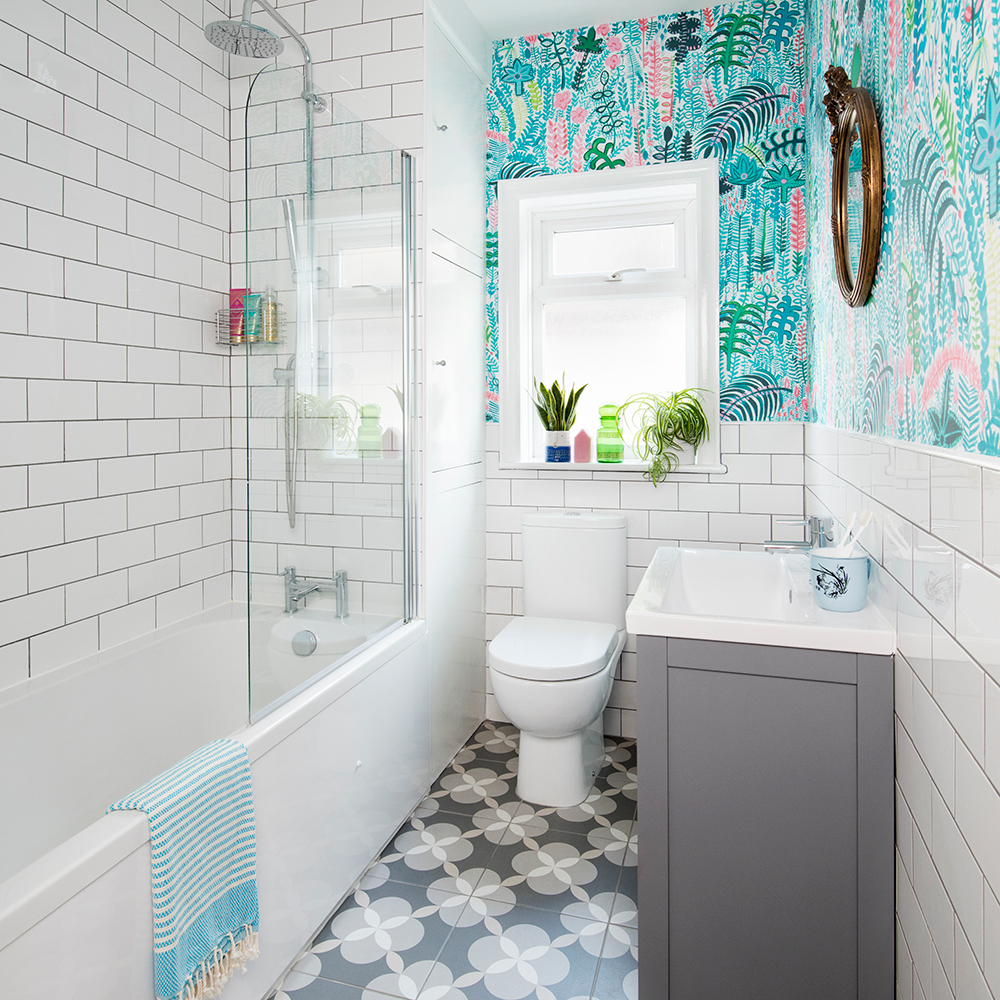 bathroom makeover with palm print wallpaper