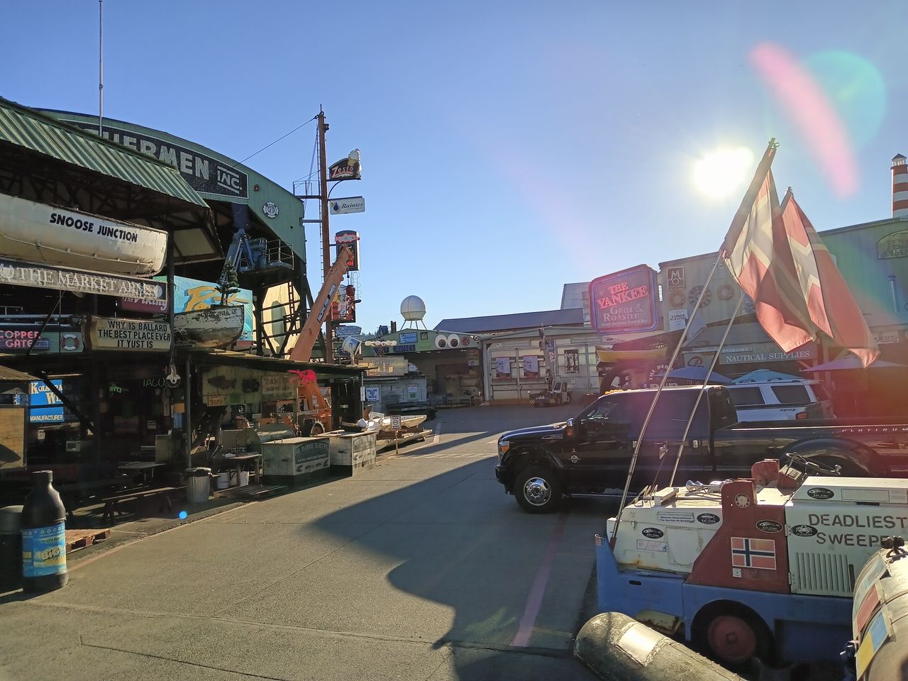 Various shops and restaurants at a harbor