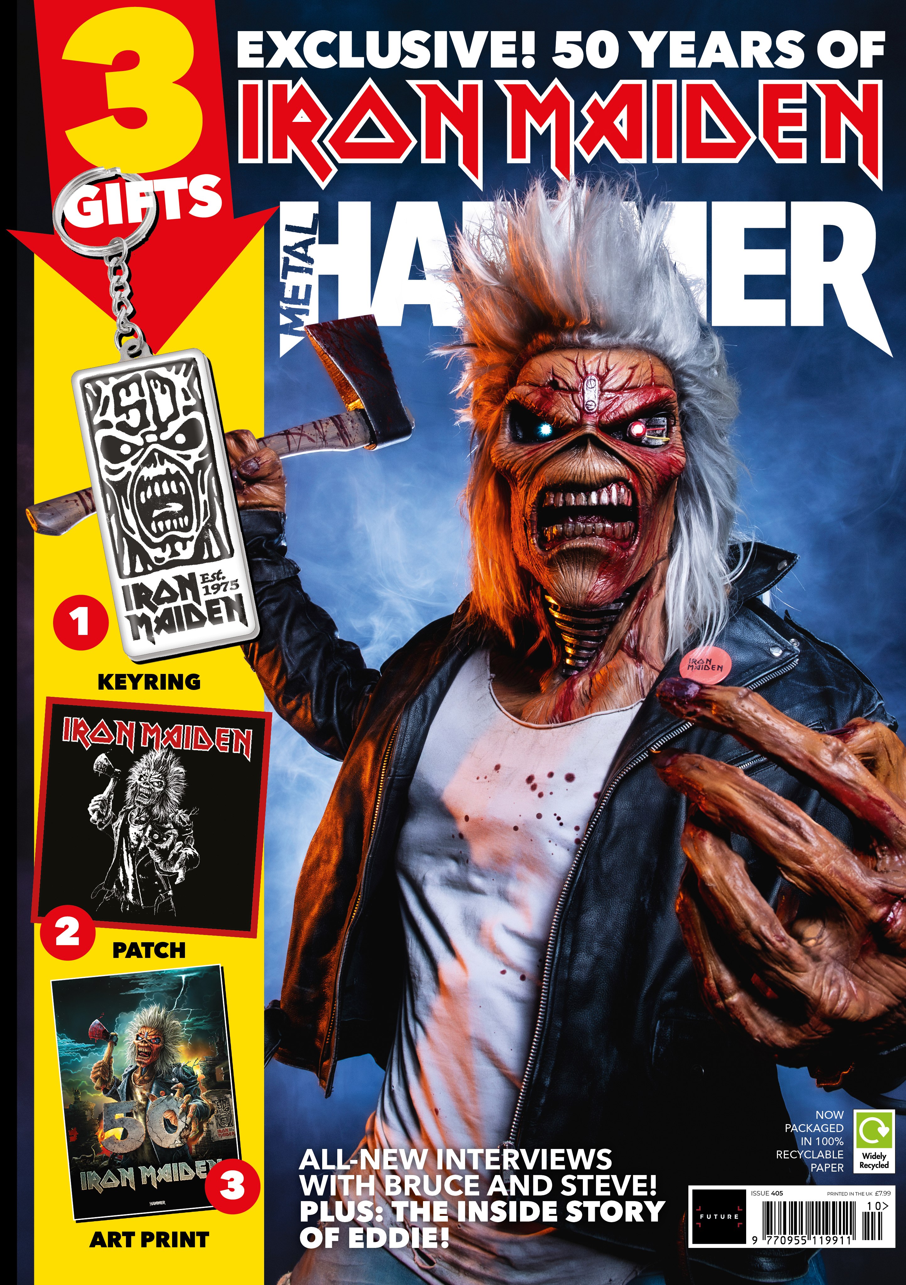 Iron Maiden mascot Eddie on the cover of Metal Hammer, with images of an Iron Maiden keyring, patch and art print