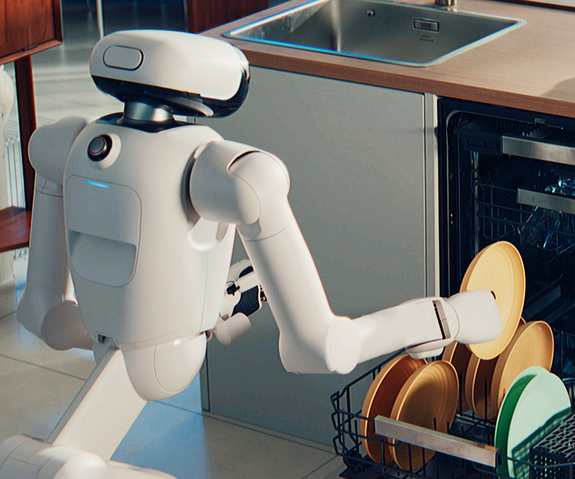 LG CLOiD loading dishwasher, with orange plate in hand