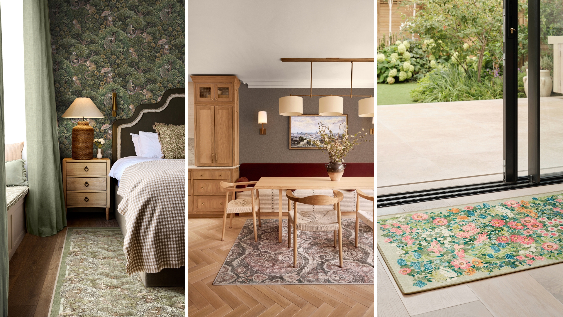 Images of three rugs in the Hug Rug x Graham &amp;amp; Brown Rug Collection in a bedroom, living room, and front room