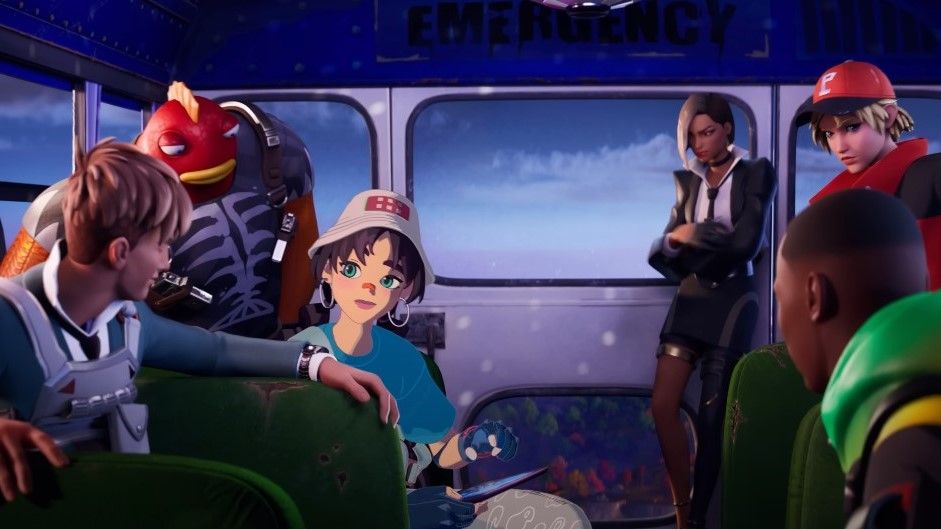 A screenshot from the Fortnite Chapter 4 Season 4 cinematic trailer, showing the Battle Pass characters plotting a heist.