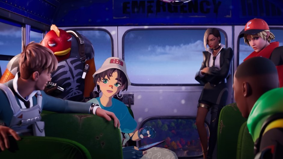 Une capture d'écran de la bande-annonce cinématique de Fortnite Chapter 4 Season 4, montrant les personnages du Battle Pass préparant un braquage.
