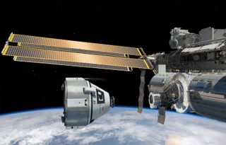 A Boeing CST-100 spacecraft is shown near the International Space Station in this artist's rendering of the commercial manned spacecraft for astronauts.